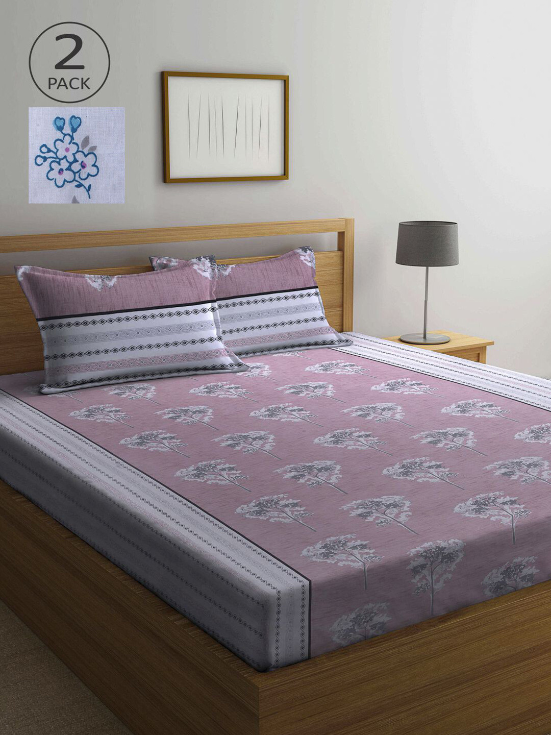 

KLOTTHE Pink & Blue Floral 210 TC 2 Queen Bedsheet with 4 Pillow Covers