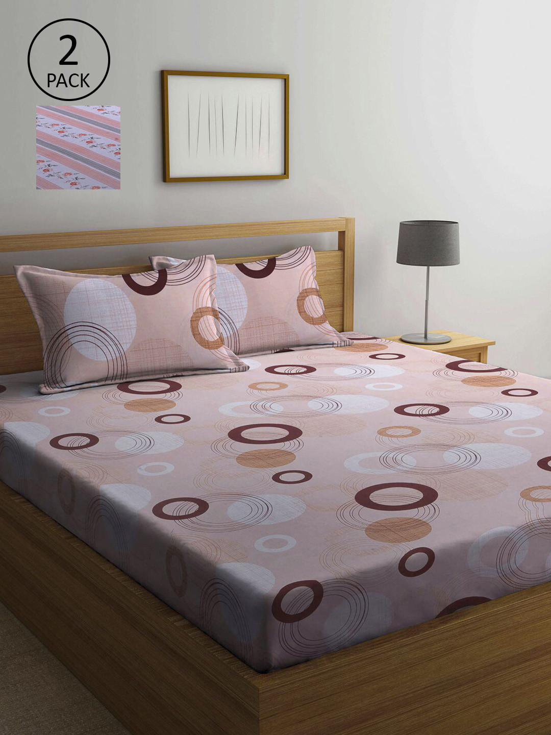 

KLOTTHE Peach-Coloured & White Printed Cotton 210 TC Set of 2 Queen Bedsheet with 4 Pillow Covers