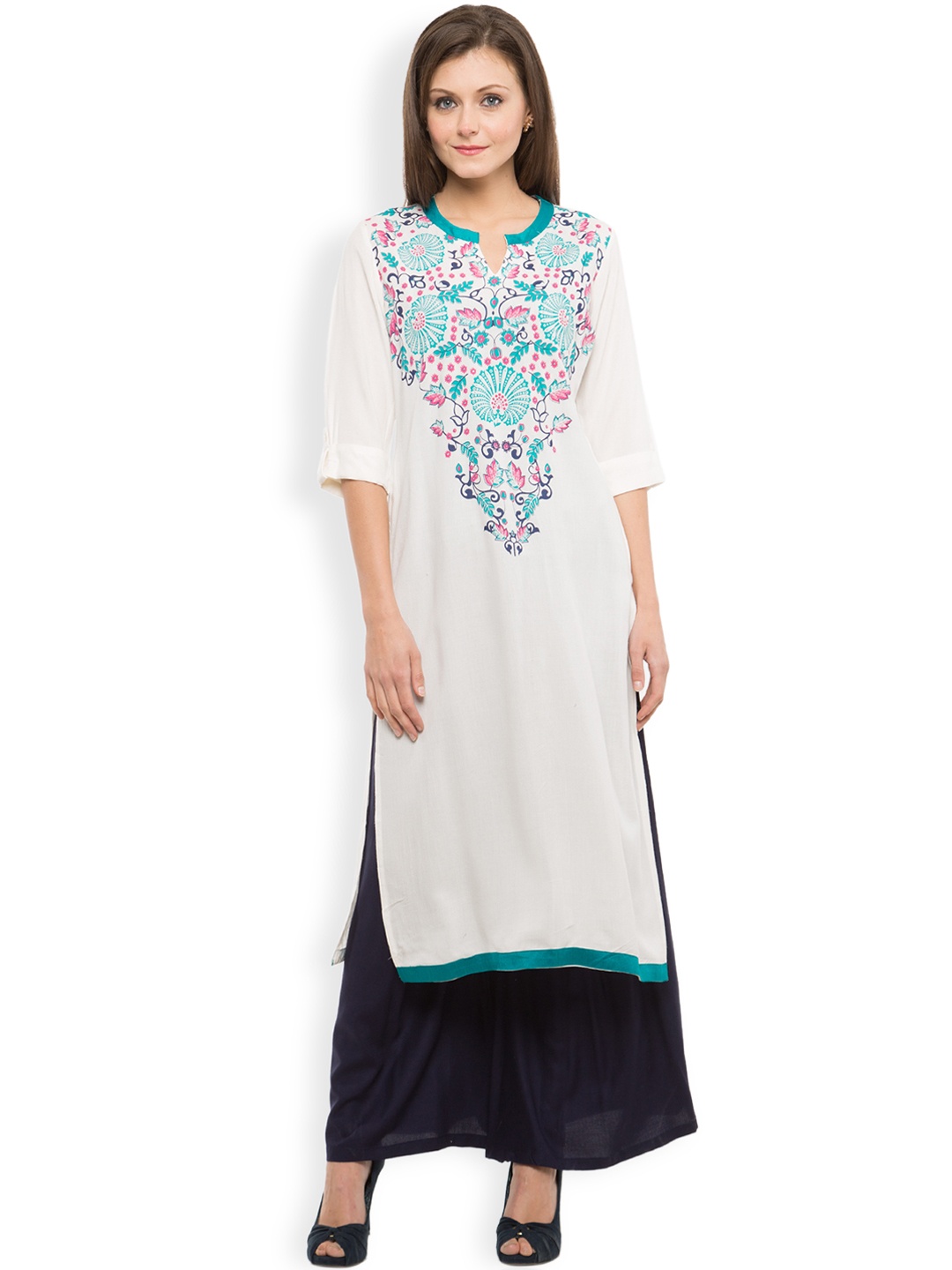 

Vishudh Women Off-White & Blue Printed Kurta