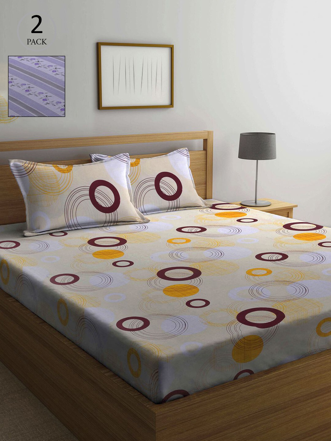 

KLOTTHE Yellow & Grey Geometric 210 TC 2 Queen Bedsheet with 4 Pillow Covers