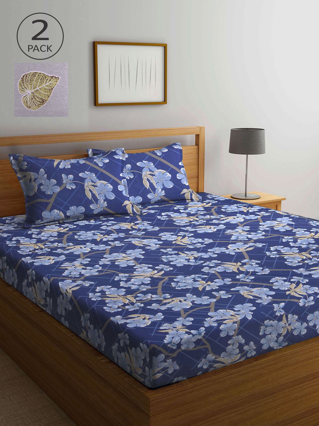 

KLOTTHE Grey & Blue Printed 210 TC Set of 2 Queen Bedsheet with 4 Pillow Covers
