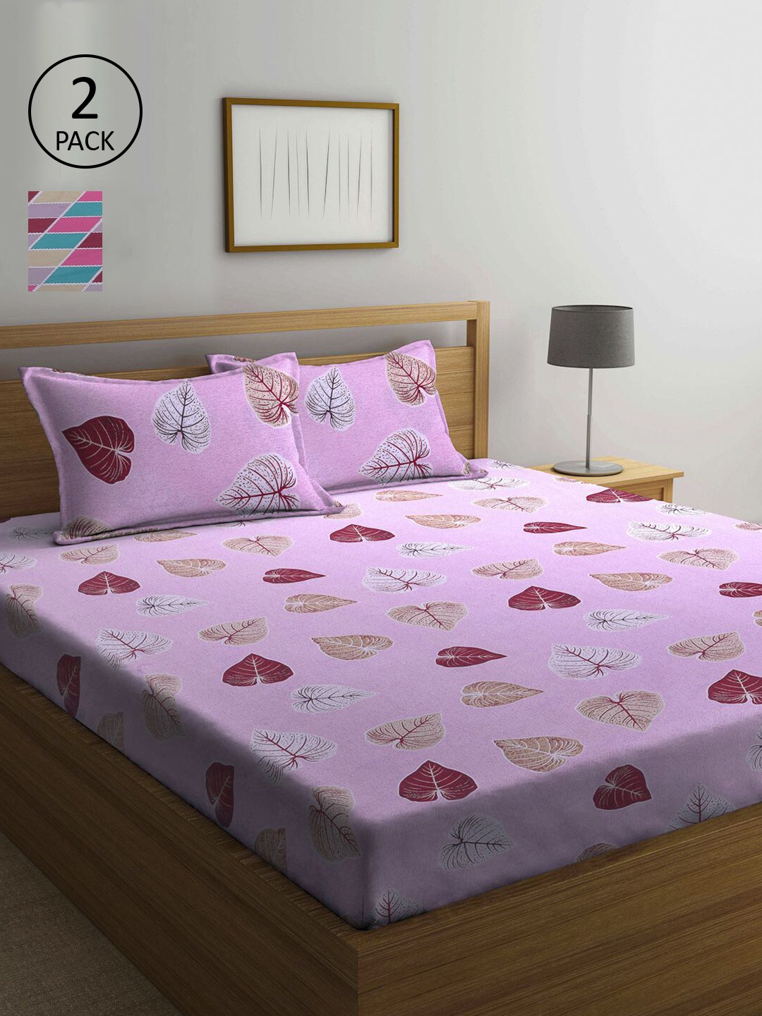 

KLOTTHE Purple & Multicoloured Floral 210 TC 2 Queen Bedsheet with 4 Pillow Covers