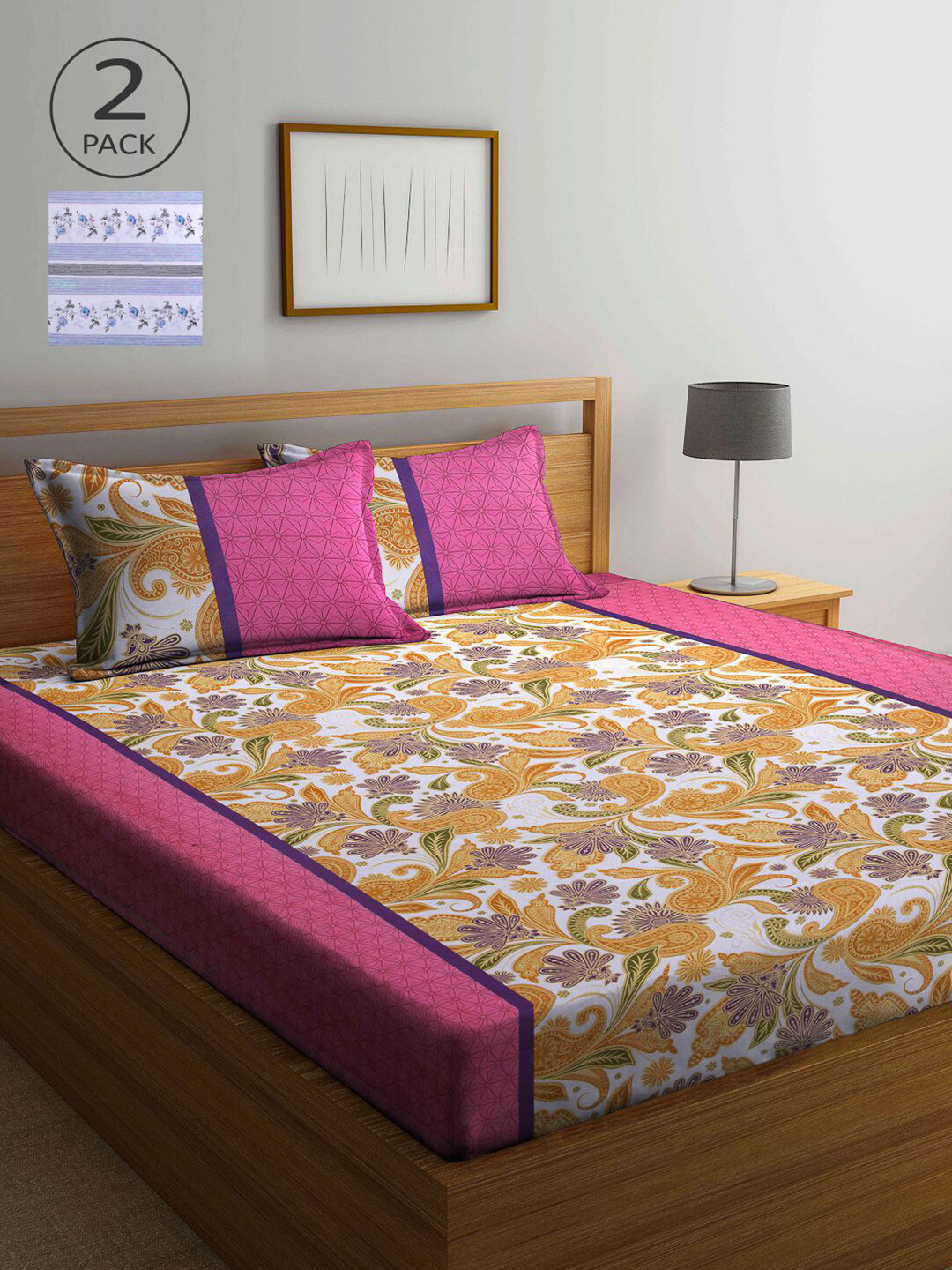 

KLOTTHE Yellow & Blue Floral 210 TC 2 Queen Bedsheet with 4 Pillow Covers