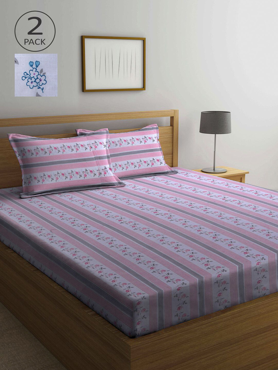 

KLOTTHE White & Blue Floral 210 TC 2 Queen Bedsheet with 4 Pillow Covers