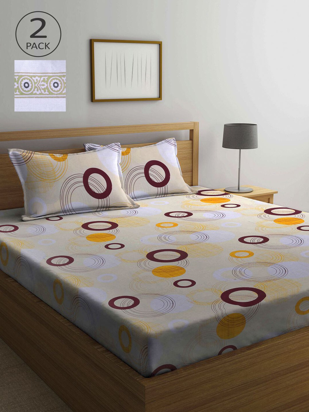 

KLOTTHE Yellow & Green Geometric 210 TC 2 Queen Bedsheet with 4 Pillow Covers