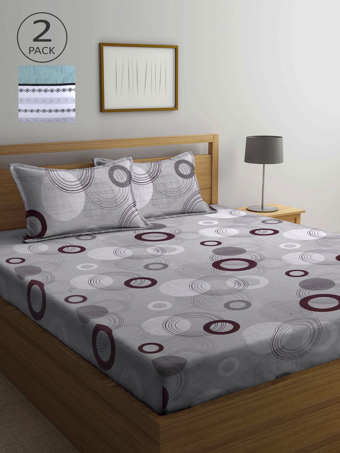 

KLOTTHE Grey & Green Printed 210 TC Set of 2 Queen Bedsheet with 4 Pillow Covers