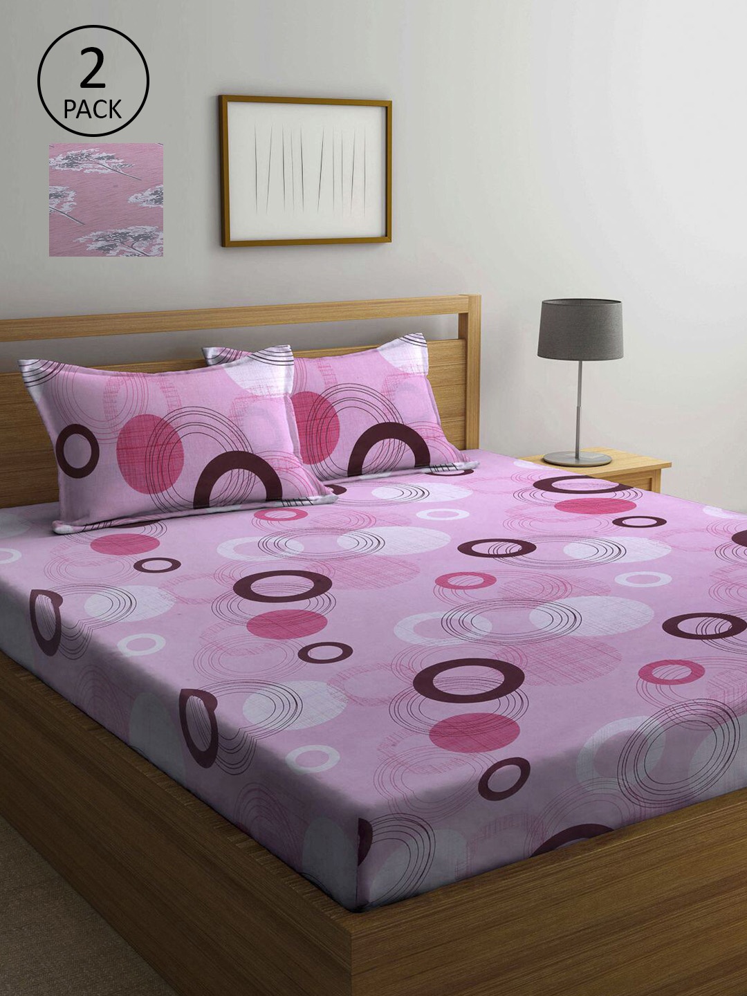 

KLOTTHE Pink & Grey Geometric 210 TC 2 Queen Bedsheet with 4 Pillow Covers