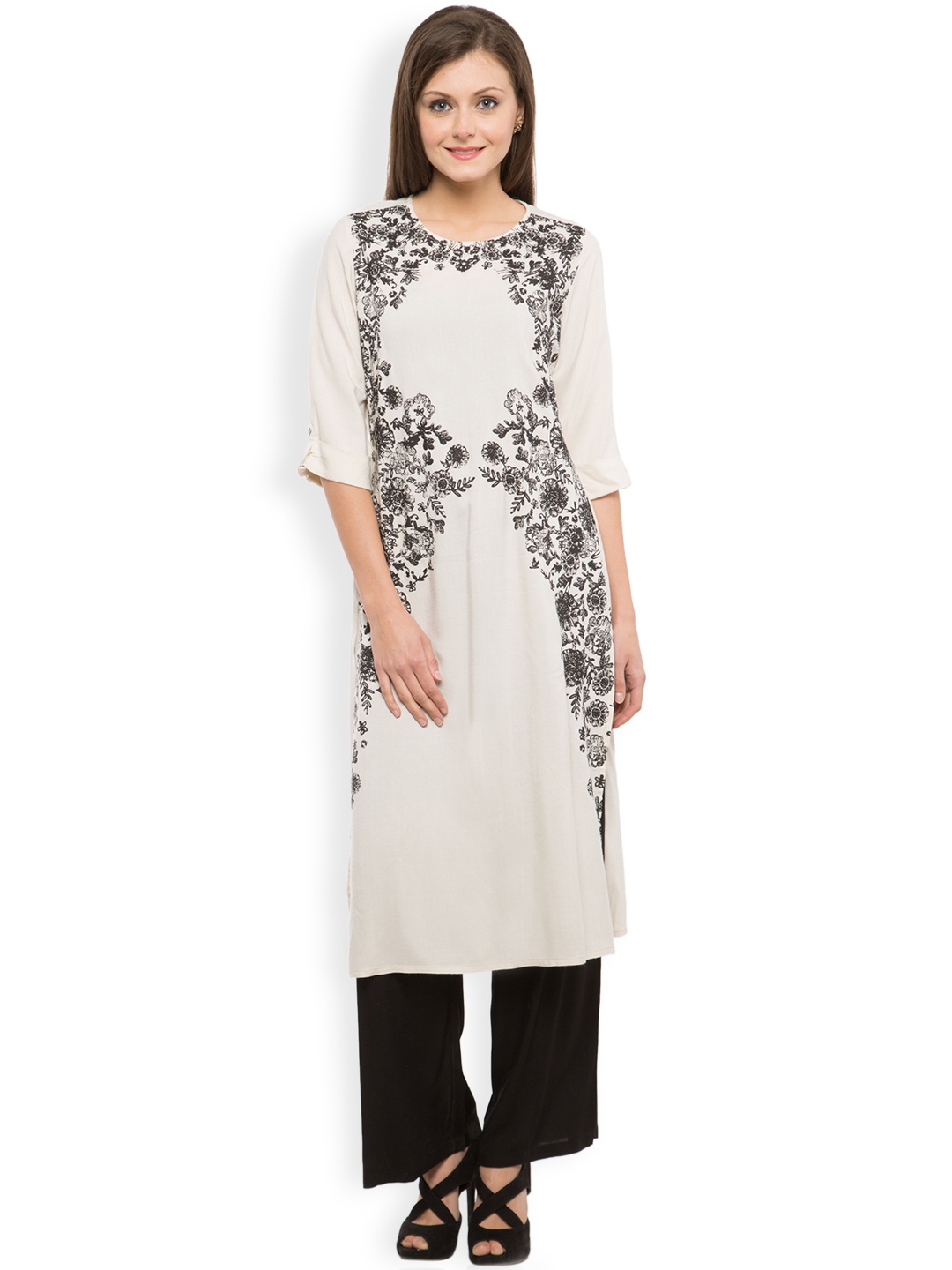 

Vishudh Women Off-White & Black Printed Kurta