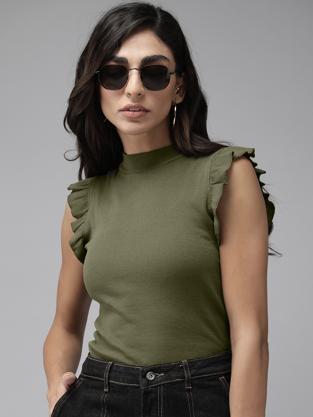 

The Roadster Lifestyle Co Women Olive Green Ribbed Top