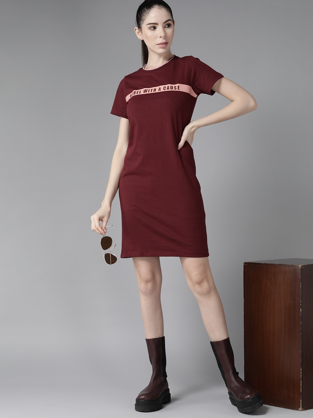

Roadster Maroon Typography Printed T-shirt Dress