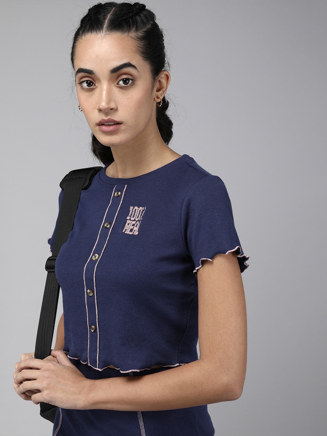 

The Roadster Lifestyle Co. Women Buttoned Detailed Ribbed Co-Ords, Navy blue