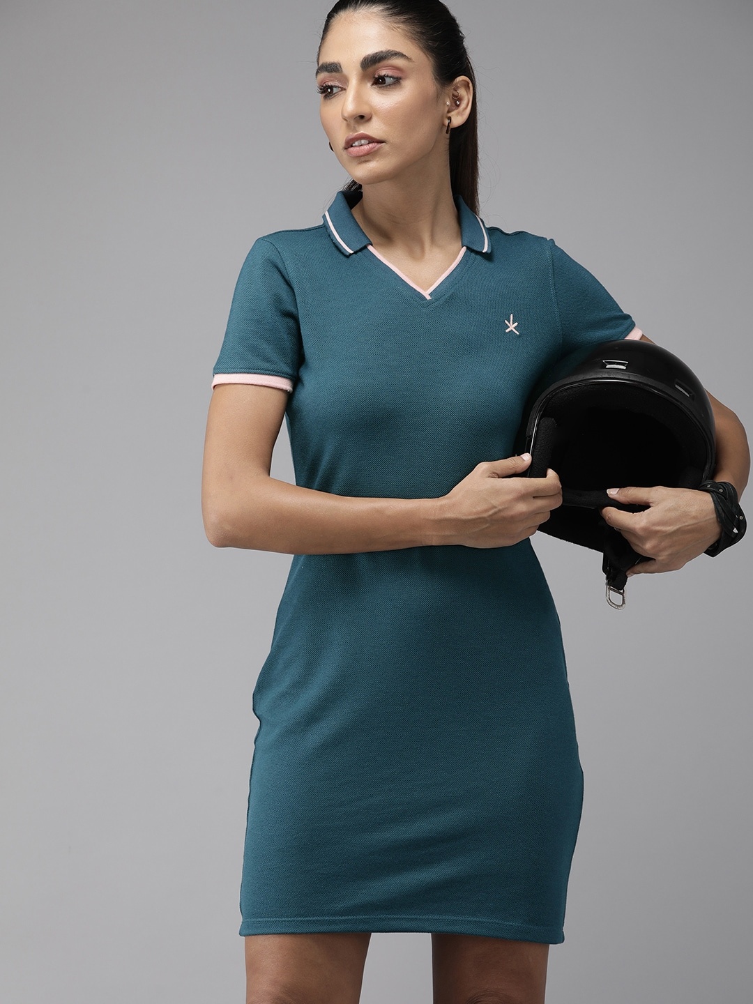 

Roadster Teal Blue Knitted Bodycon Polo Dress