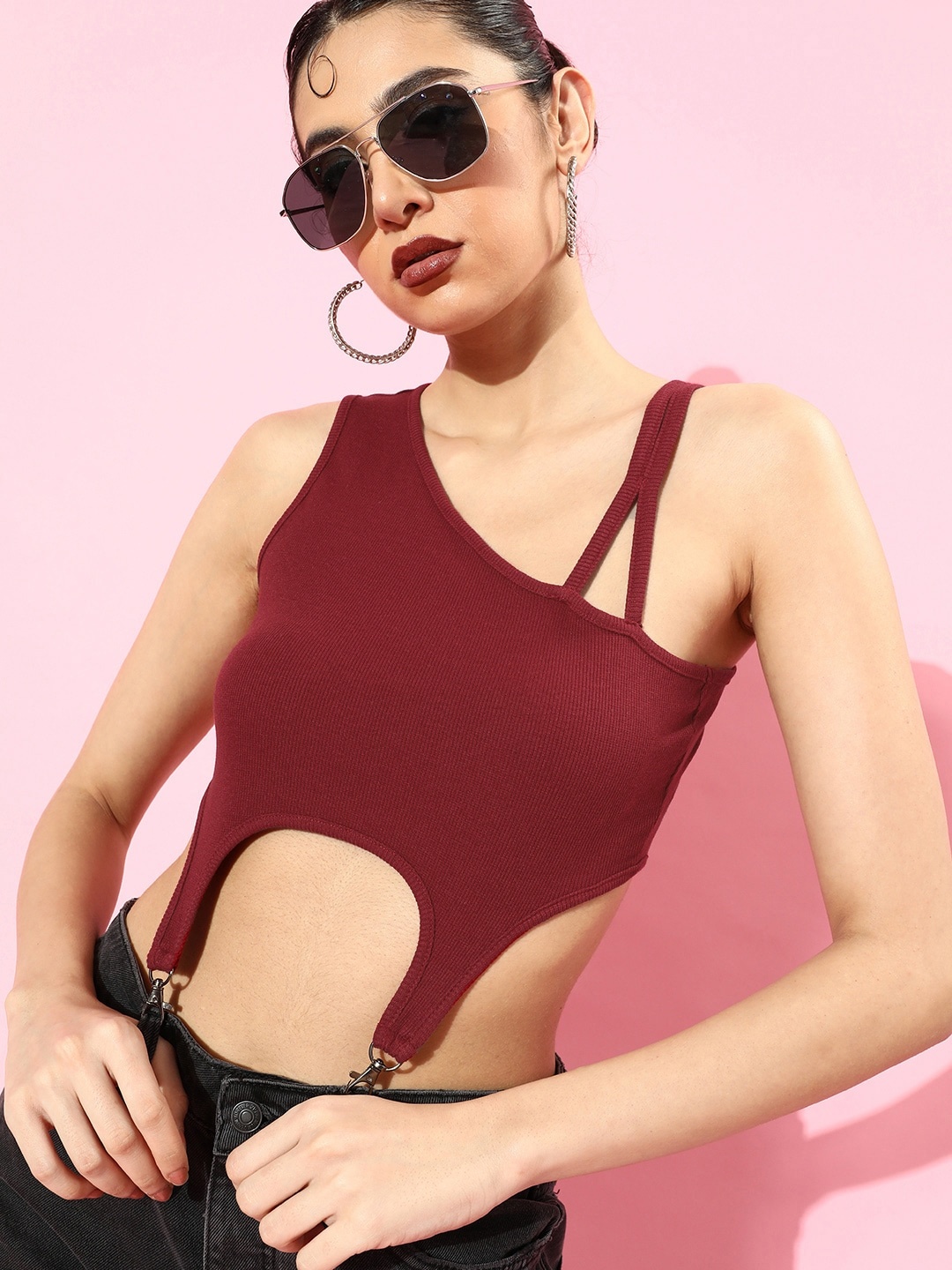 

Roadster Women Maroon Ribbed One Shoulder Assymetrical Crop Top With Waist Reinforcement
