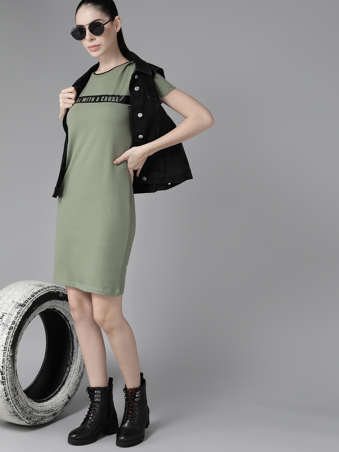 

Roadster Olive Green Typography Printed T-shirt Dress