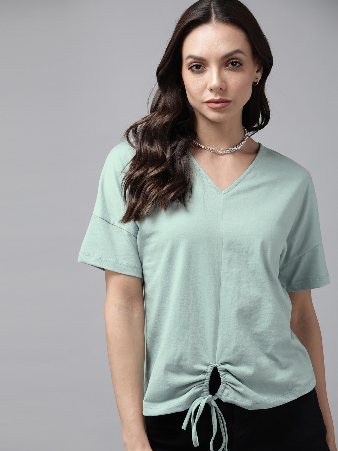 

Roadster Blue Solid Tie-Up Detail Extended Sleeves Top