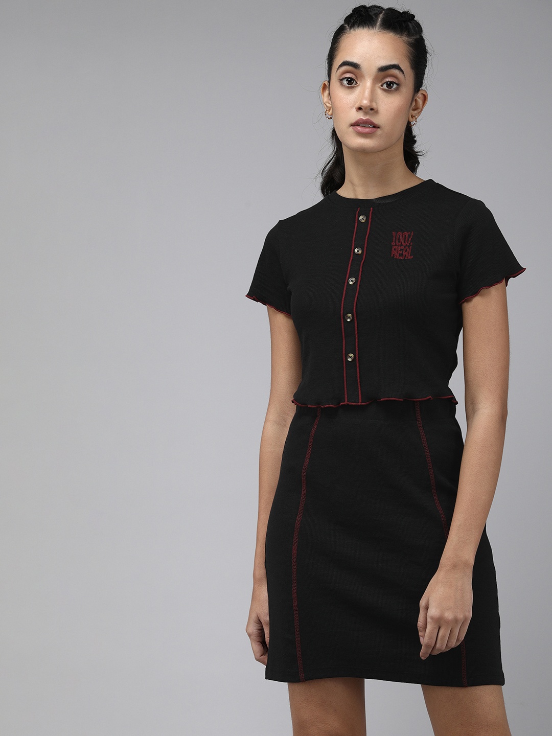 

The Roadster Lifestyle Co. Women Buttoned Detailed Ribbed Co-Ords, Black