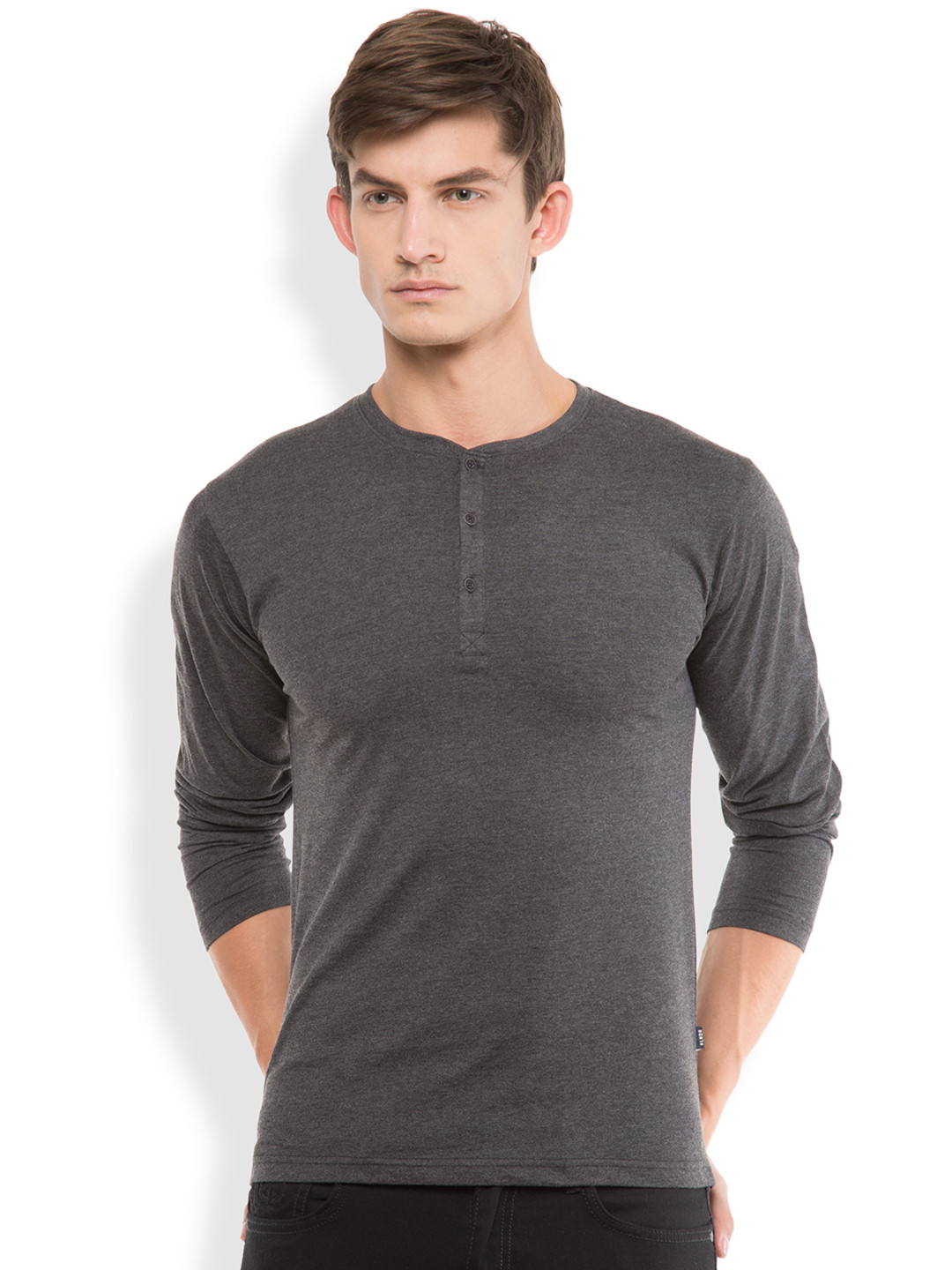 

HIGHLANDER Men Charcoal Grey Slim Fit Solid Henley Neck T-shirt