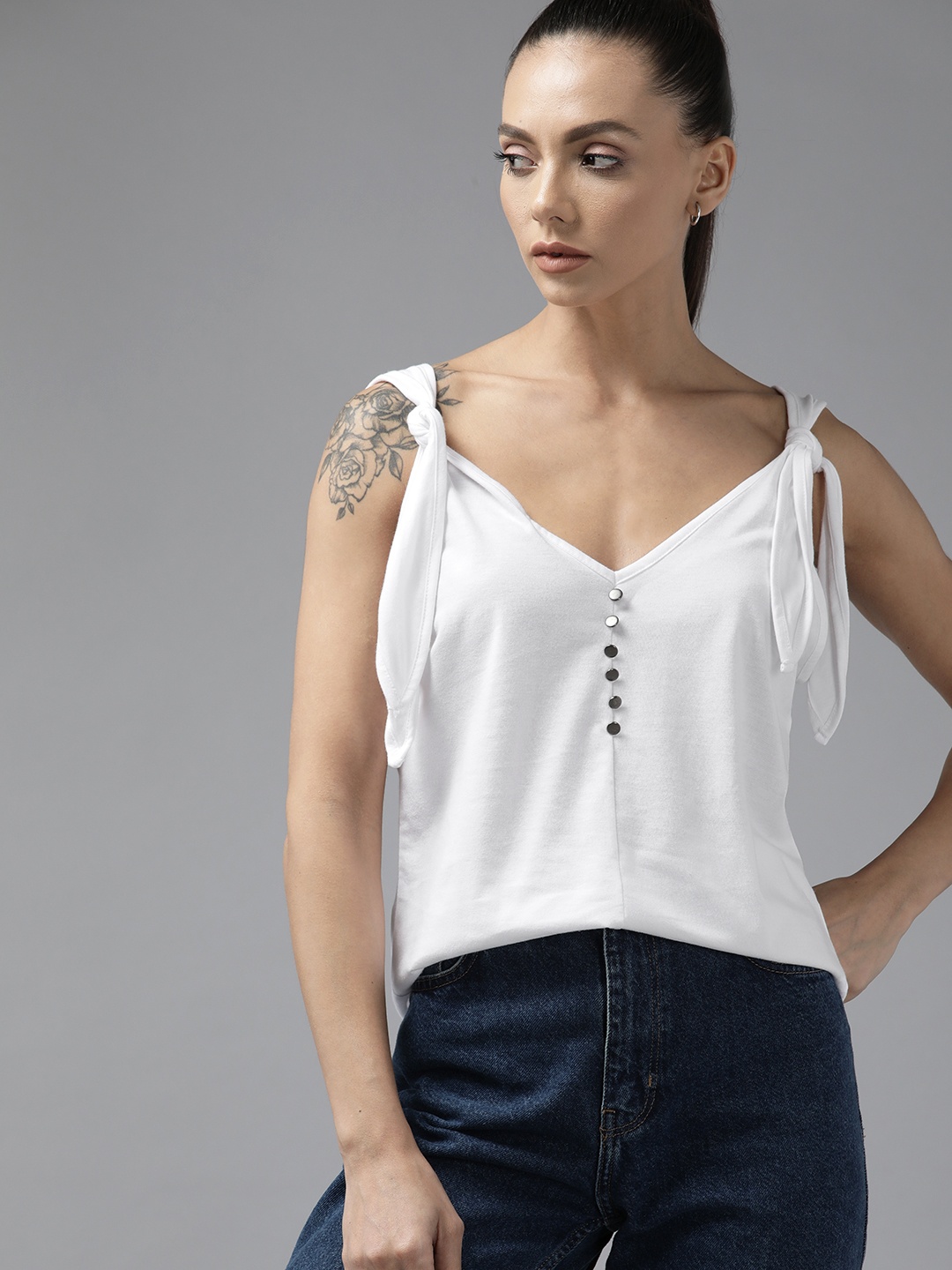 

Roadster Women White Solid Tie-Up Top