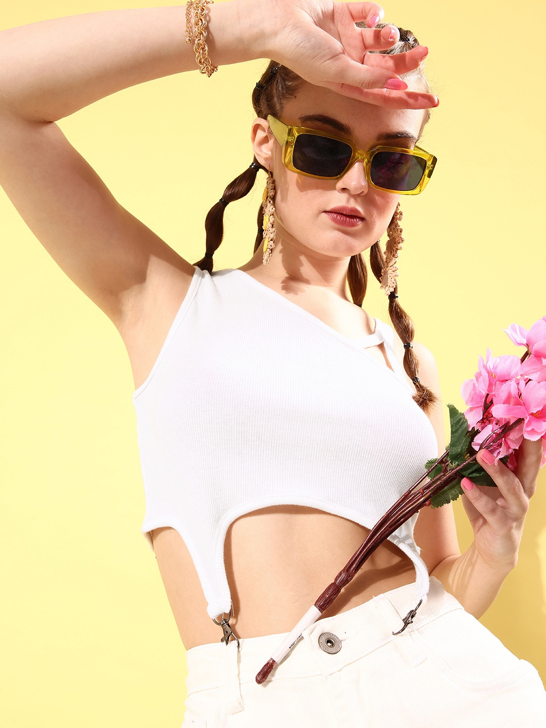 

Roadster Women White Ribbed One Shoulder Assymetrical Crop Top With Waist Reinforcement