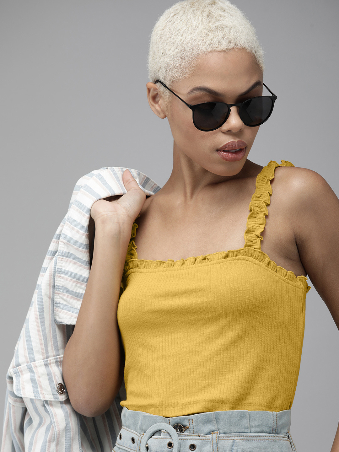 

The Roadster Lifestyle Co Mustard Yellow Solid Ruffled Crop Top With Shoulder Straps