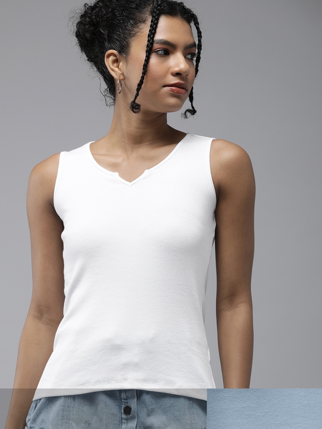

The Roadster Lifestyle Co. Women Pack of 2 White & Blue Self Designed Casual Top