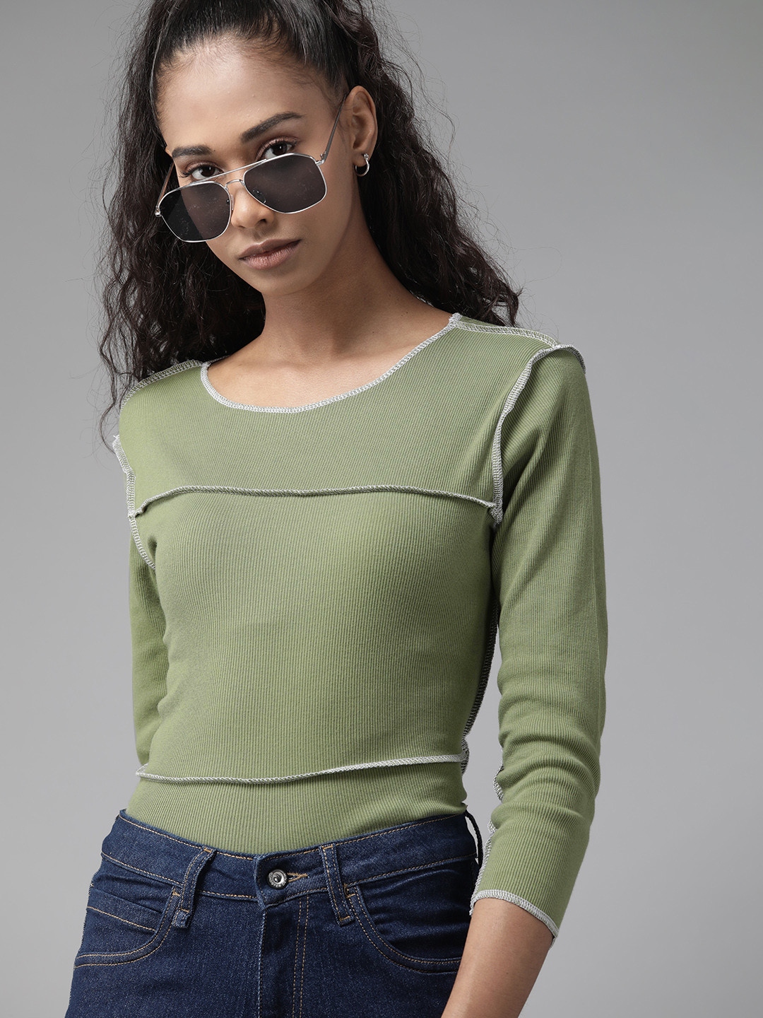 

Roadster Olive Green Ribbed Round Neck Top
