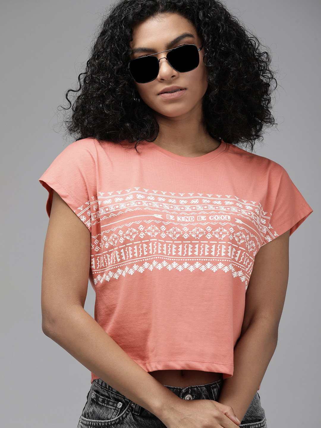 

Roadster Pink & White Tribal Print Casual Crop Top