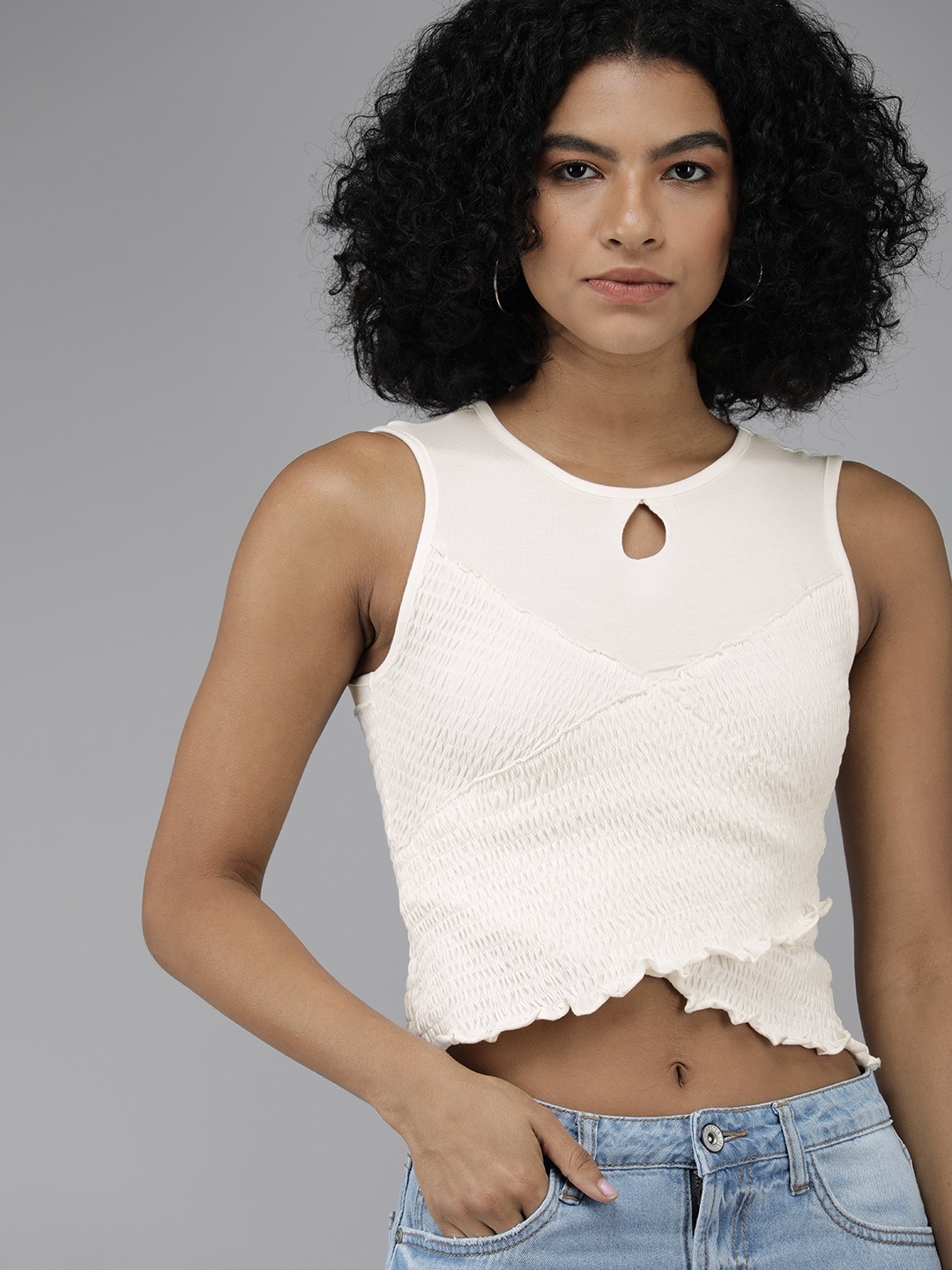 

The Roadster Lifestyle Co Women White Smocked Keyhole Neck Crop Top