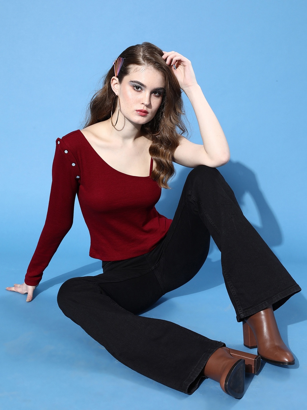 

The Roadster Lifestyle Co Women Maroon Self Design One Shoulder Top