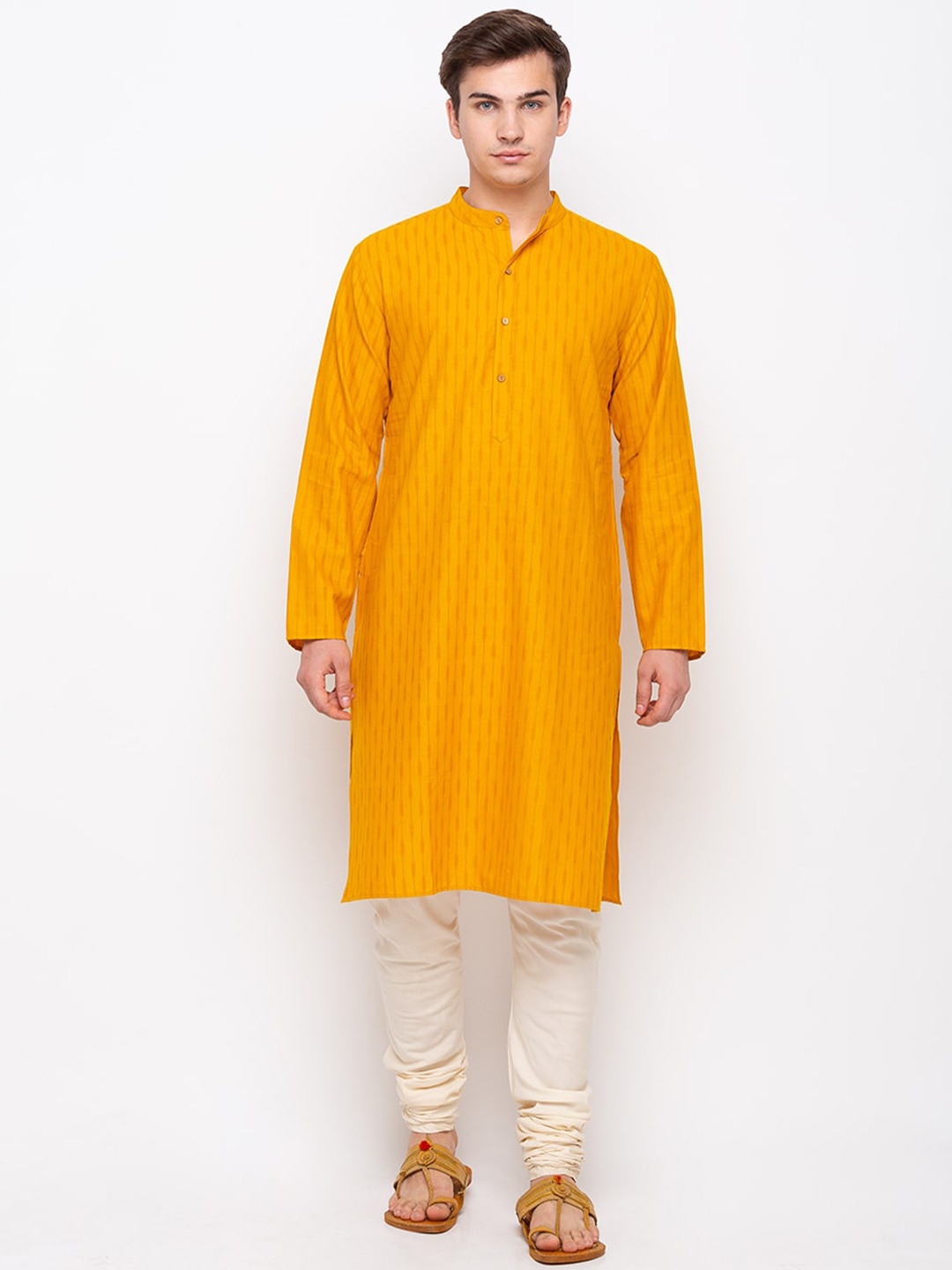 

Globus Men Mustard Yellow Striped Pure Cotton Thread Work Kurta