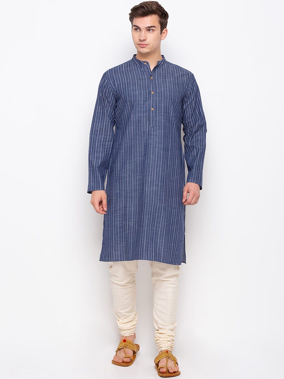 

Globus Men Blue Striped Thread Work Kurta