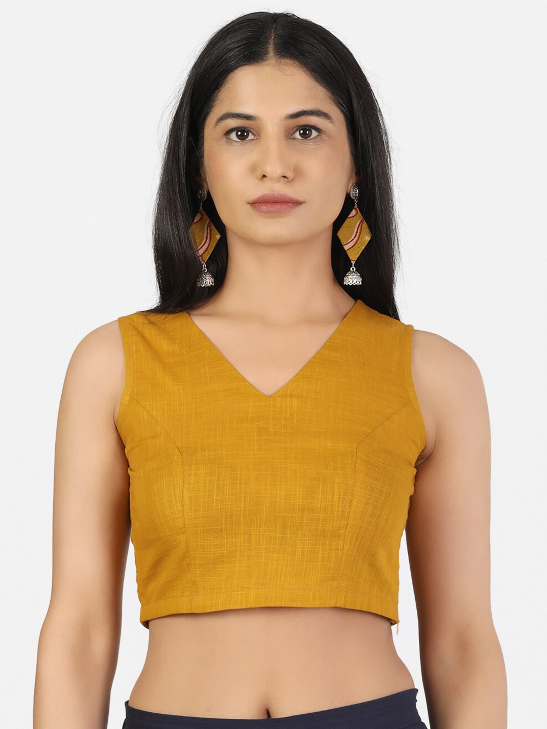 

Llajja Women Mustard Solid Pure Cotton Saree Blouse