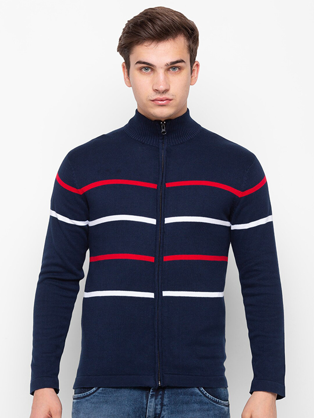 

Globus Men Navy Blue & Red Striped Cardigan