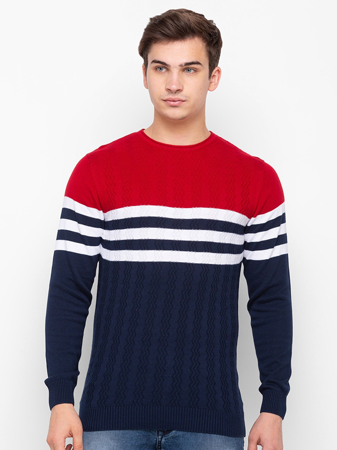 

Globus Men Red & Navy Blue Striped Pullover Sweater