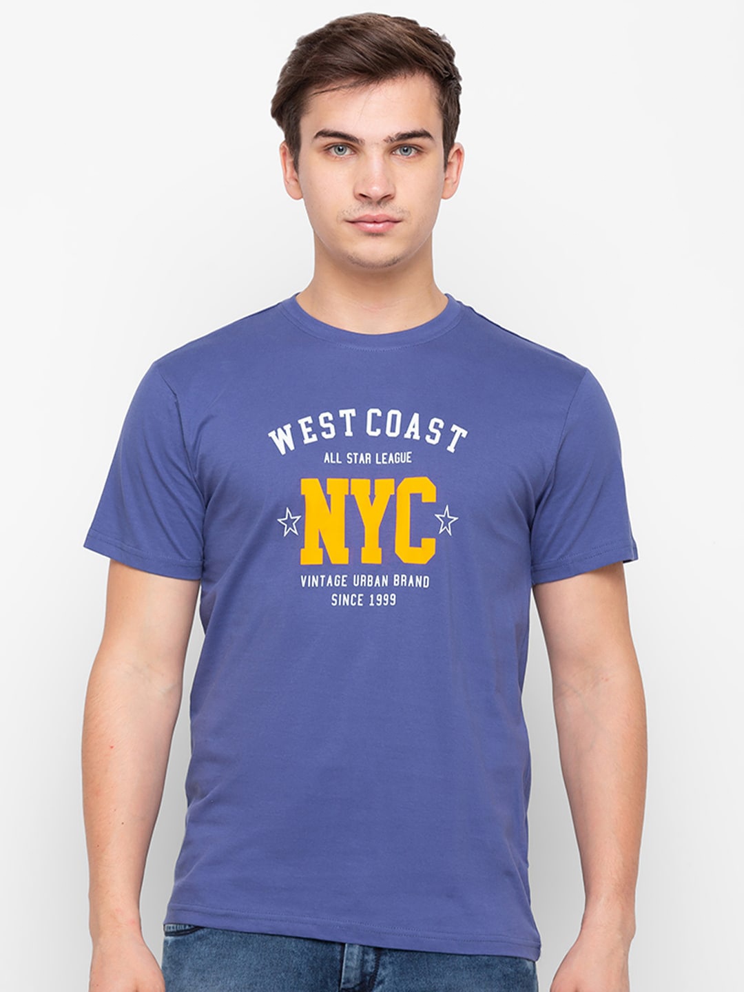 

Globus Men Blue Typography Printed Pure Cotton T-shirt