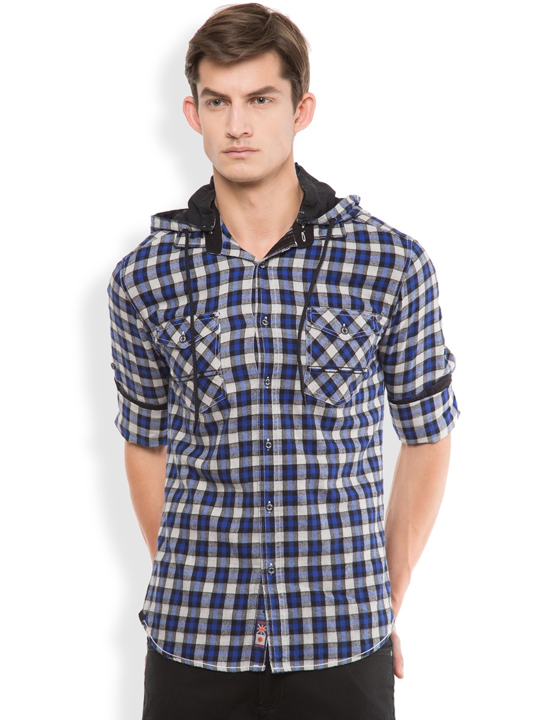 

LOCOMOTIVE Men Navy & Grey Slim Fit Checked Hooded Casual Shirt, Navy blue