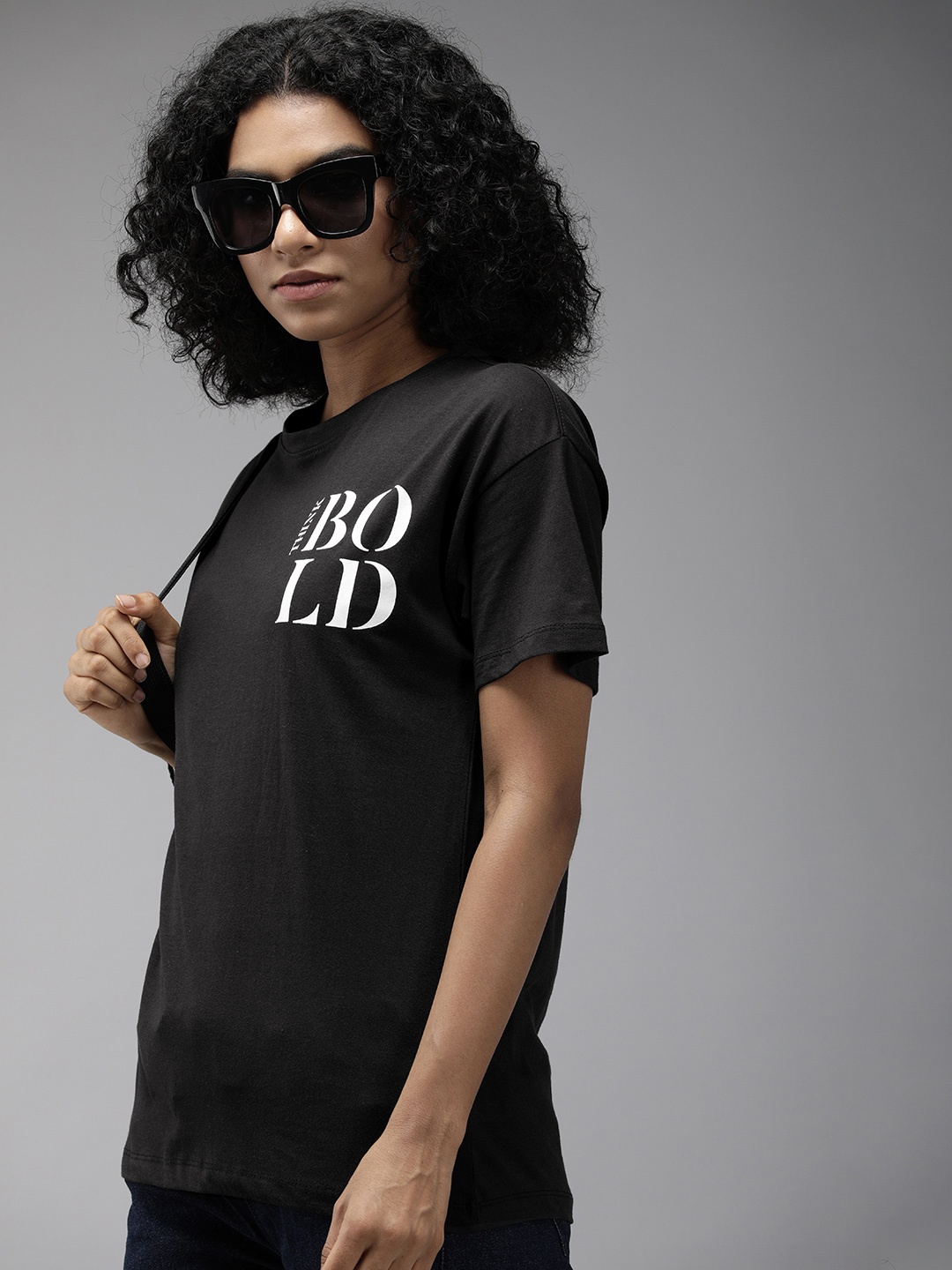 

Roadster Women Black Typography Printed Pure Cotton Boxy Longline Casual T-shirt