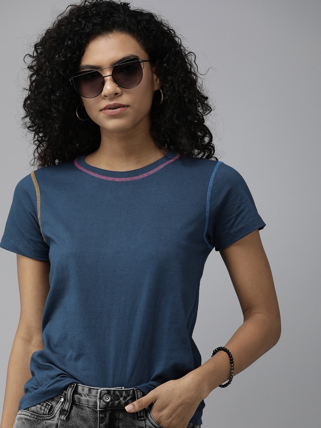 

The Roadster Lifestyle Co. Women Pure Cotton Round Neck T-shirt, Navy blue