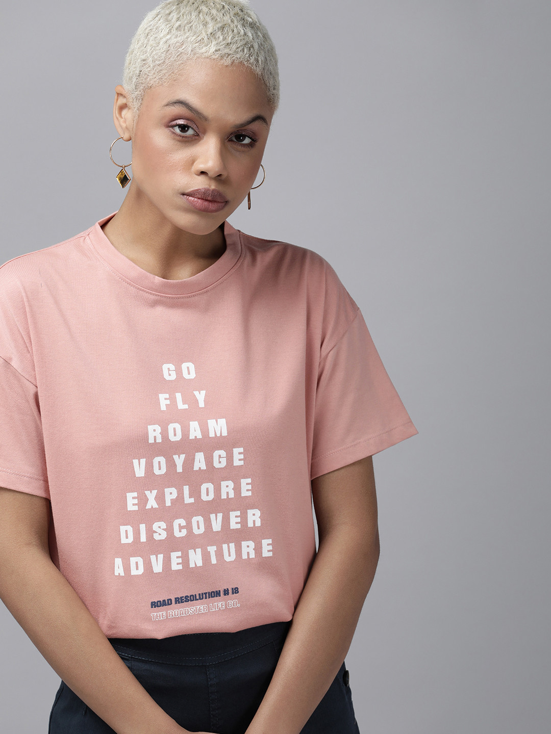 

The Roadster Lifestyle Co Women Peach Pink Typography Print Drop-Shoulder Sleeves Boxy Fit T-shirt