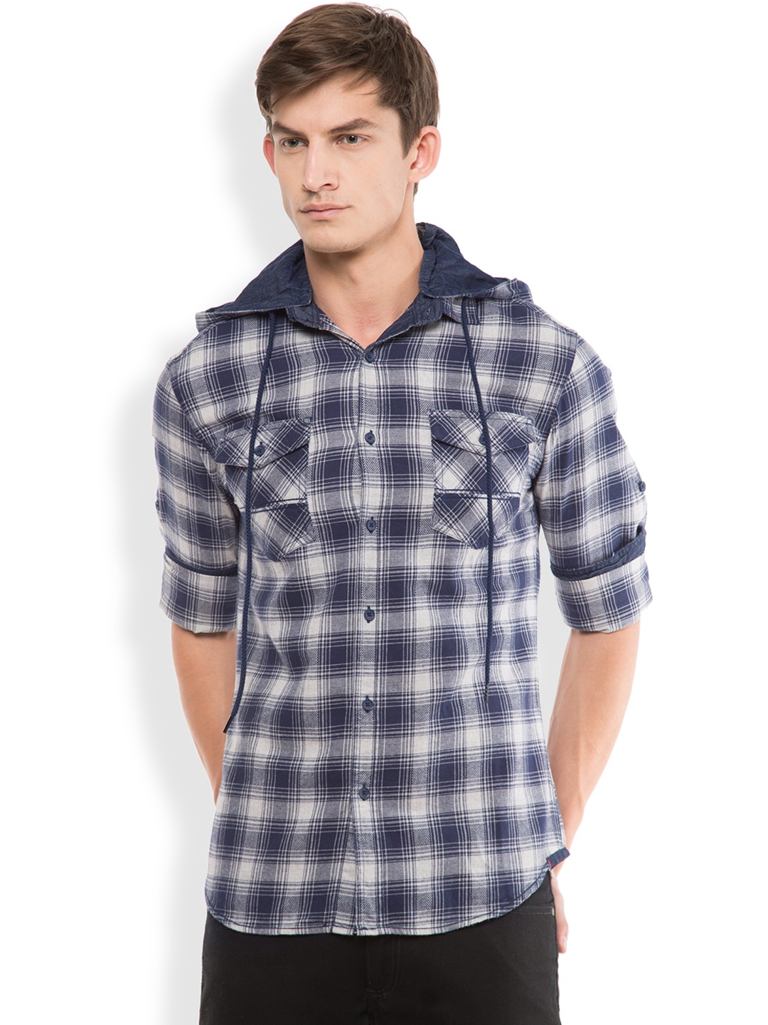 

LOCOMOTIVE Men Navy & Grey Slim Fit Checked Hooded Casual Shirt, Navy blue