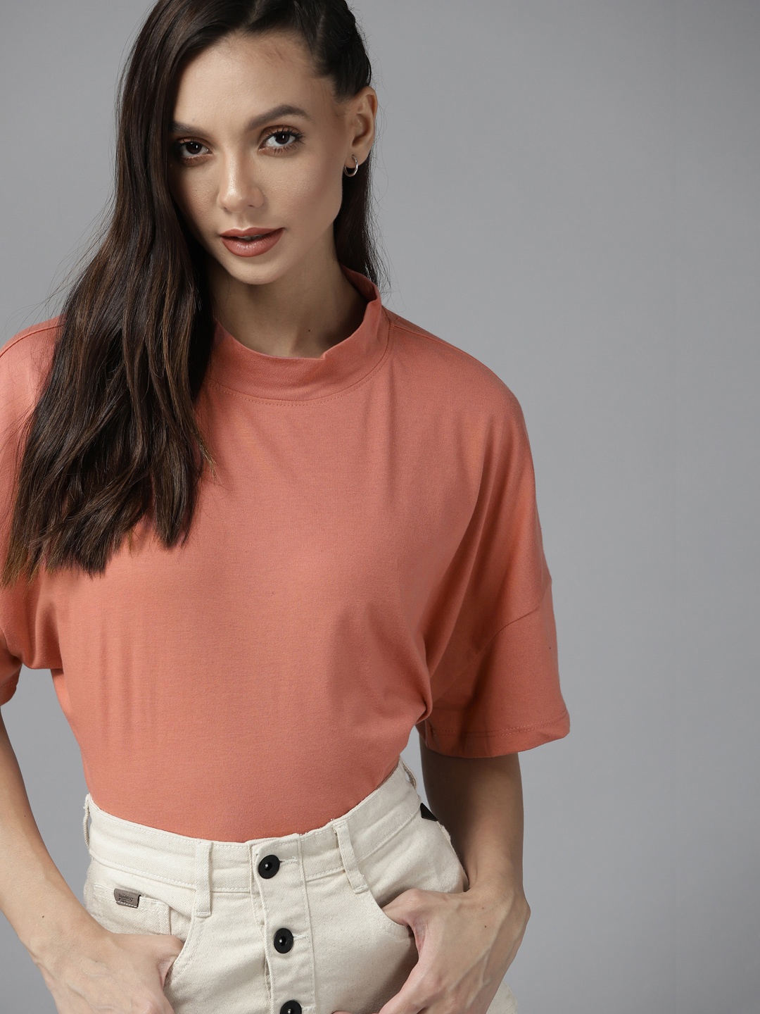 

Roadster Women Dusty Pink High Neck Drop-Shoulder Sleeves Boxy T-shirt, Rose
