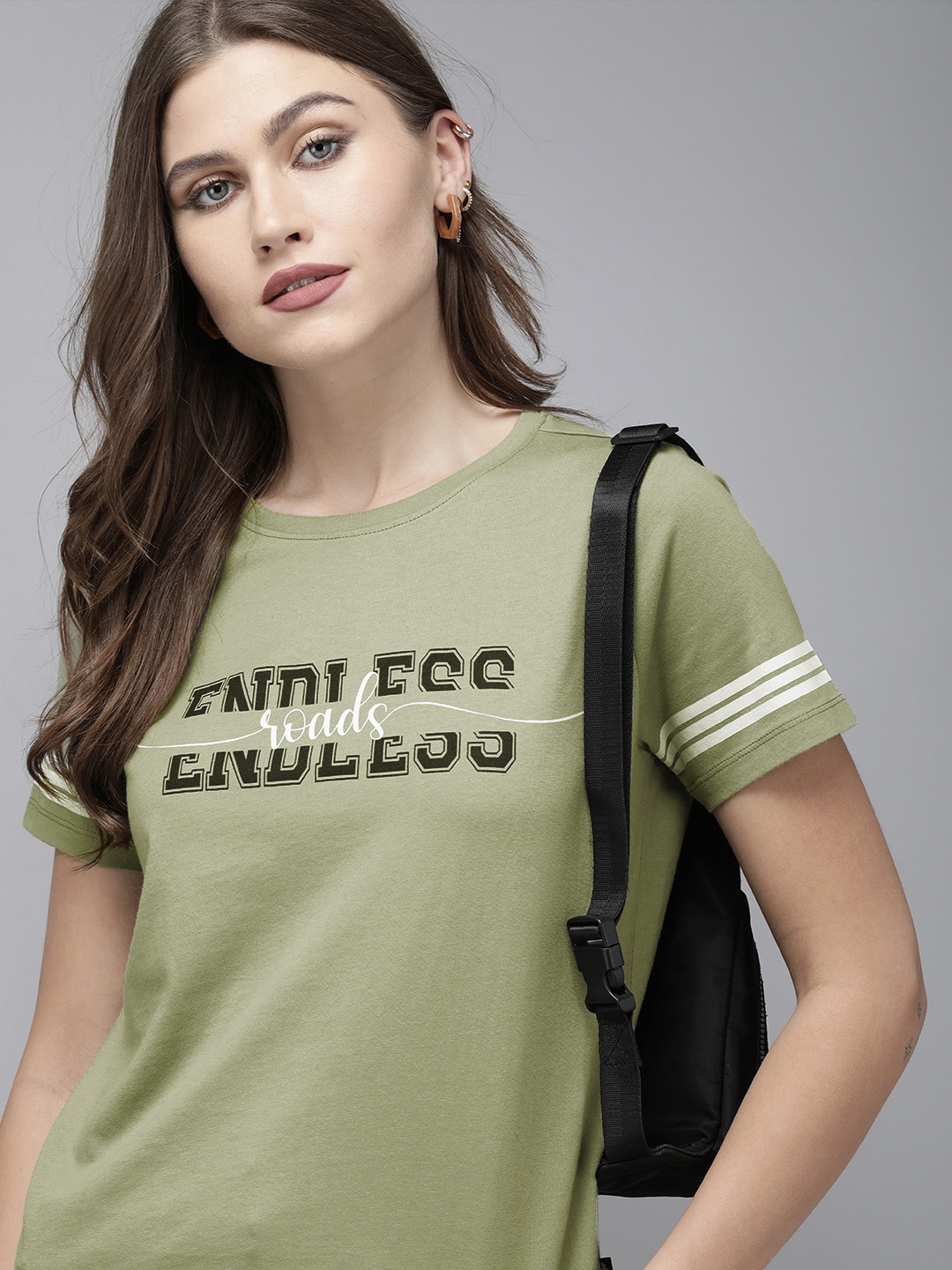 

The Roadster Lifestyle Co Women Olive Green Typography Printed Slim Fit Pure Cotton T-shirt