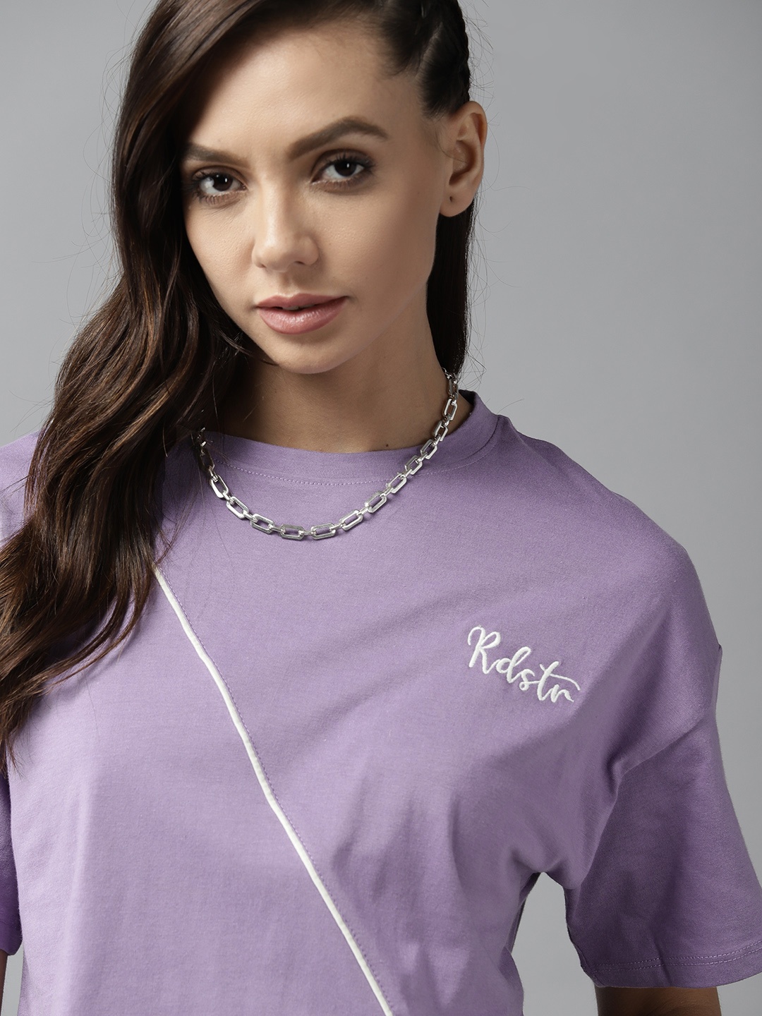 

Roadster Women Purple Pure Cotton Brand Logo Embroidered Detail Crop T-shirt
