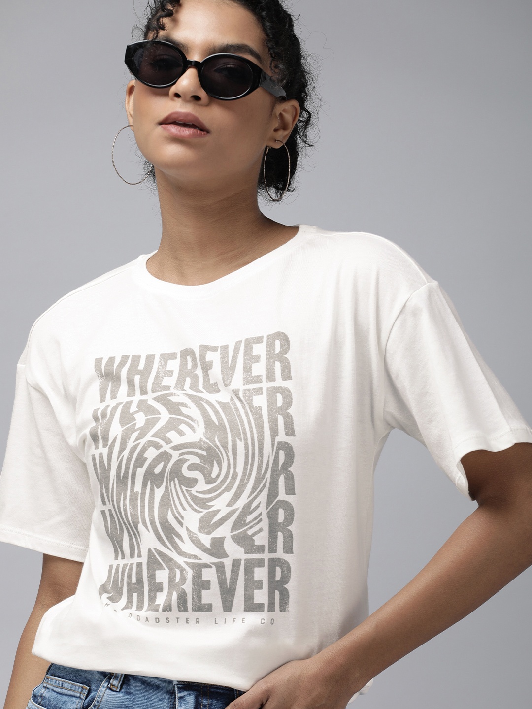 

The Roadster Lifestyle Co Women White & Grey Printed Extended Sleeves Pure Cotton T-shirt