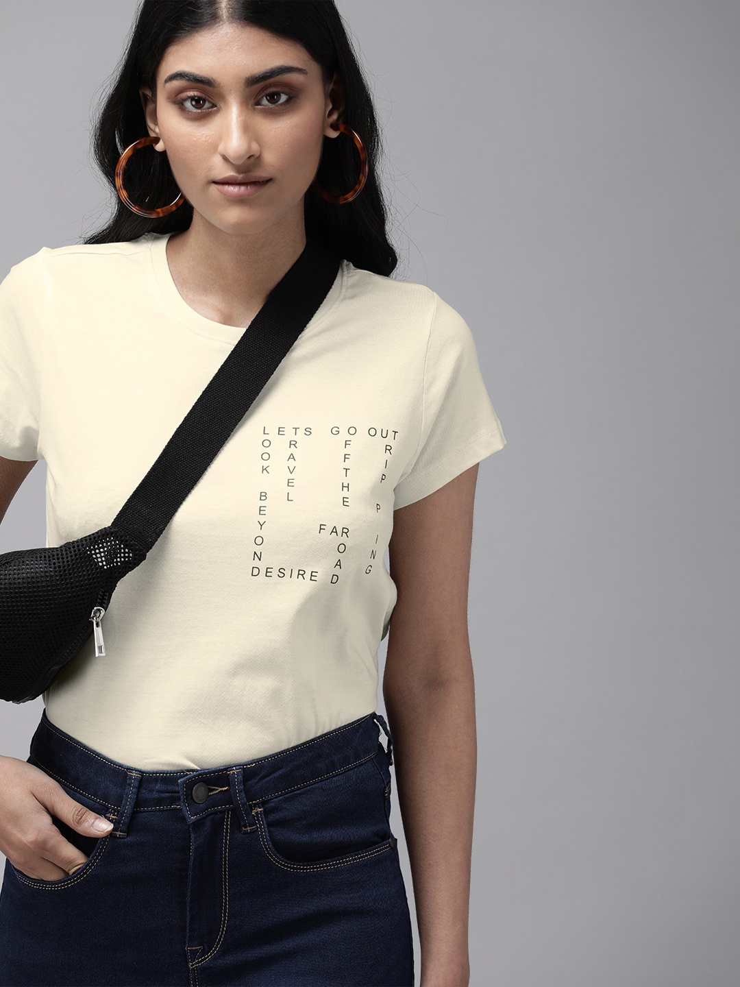 

The Roadster Lifestyle Co Women Off White Typography Printed Pure Cotton T-shirt