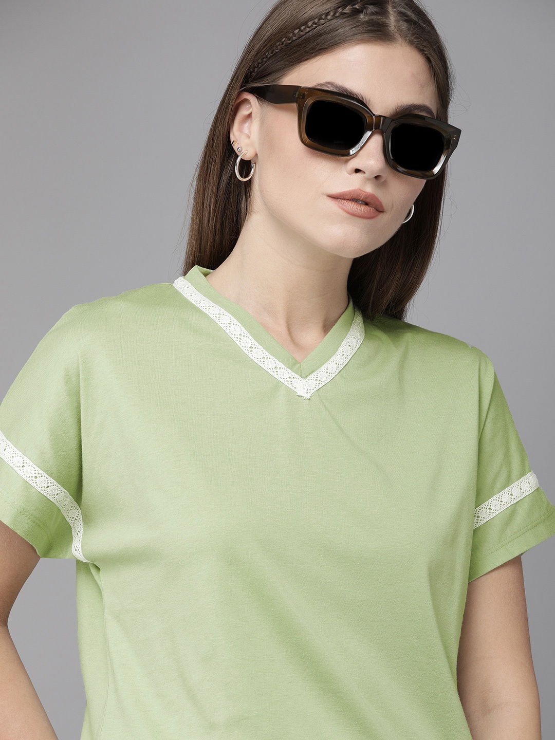 

Roadster Women Mint Green Lace Embelished V-Neck Casual T-shirt