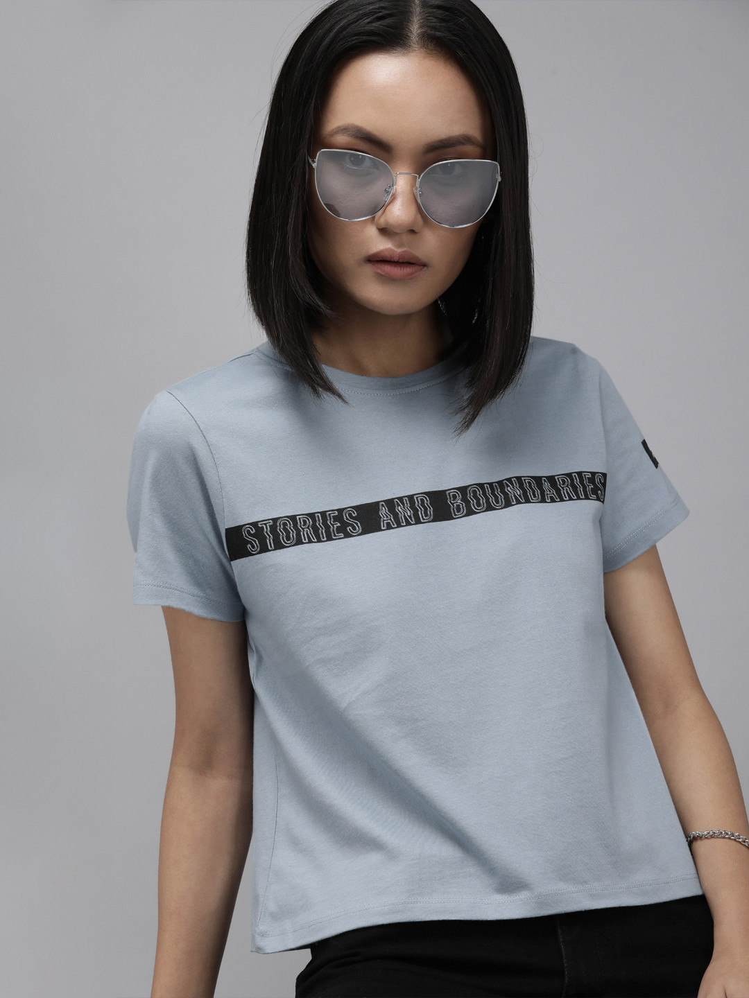 

Roadster Women Blue & Black Typography Printed Pure Cotton T-shirt