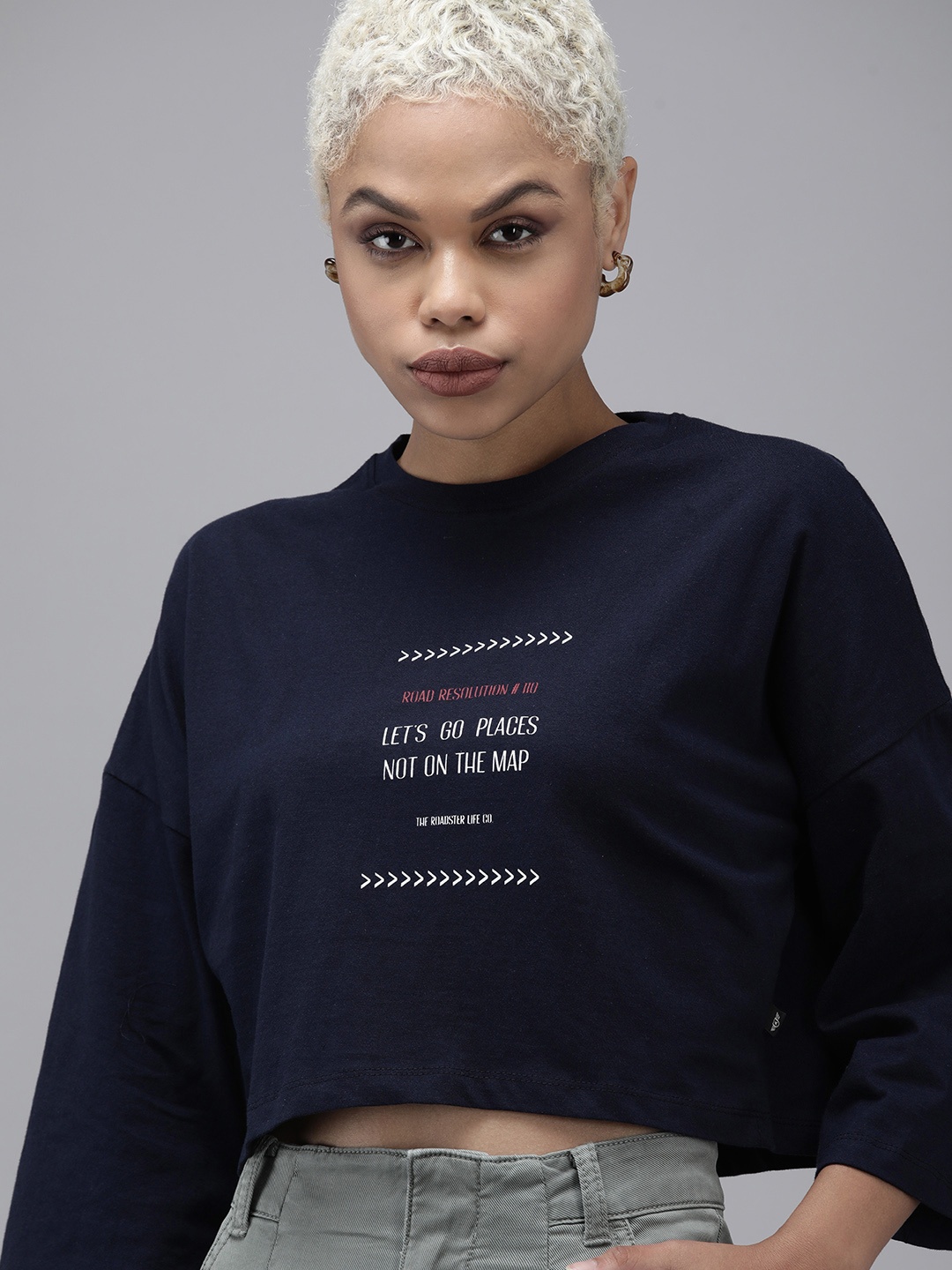 

Roadster Women Navy Blue Typography Printed Extended Sleeves Boxy Crop T-shirt