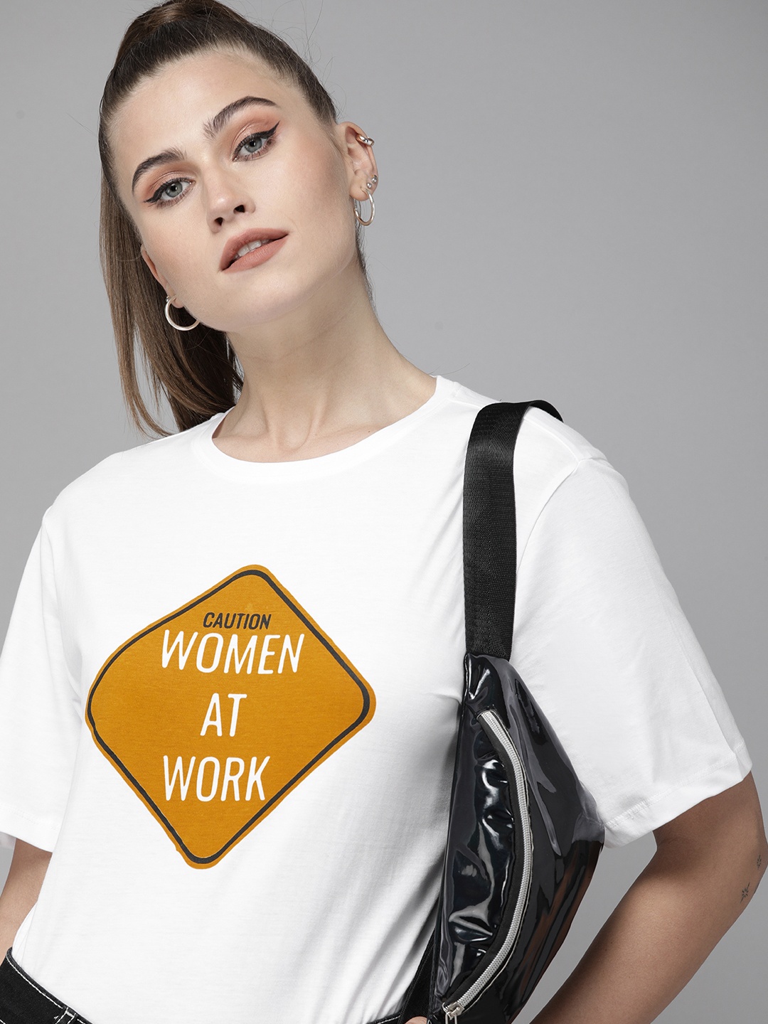 

Roadster Women White & Yellow Typography Printed Pure cotton Boxy T-shirt