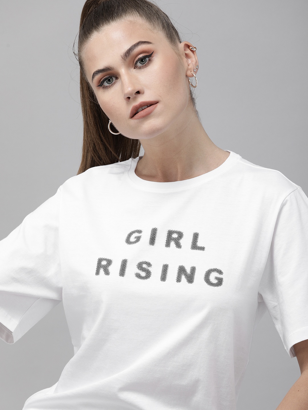 

Roadster Women White & Black Typography Printed Pure Cotton Boxy T-shirt